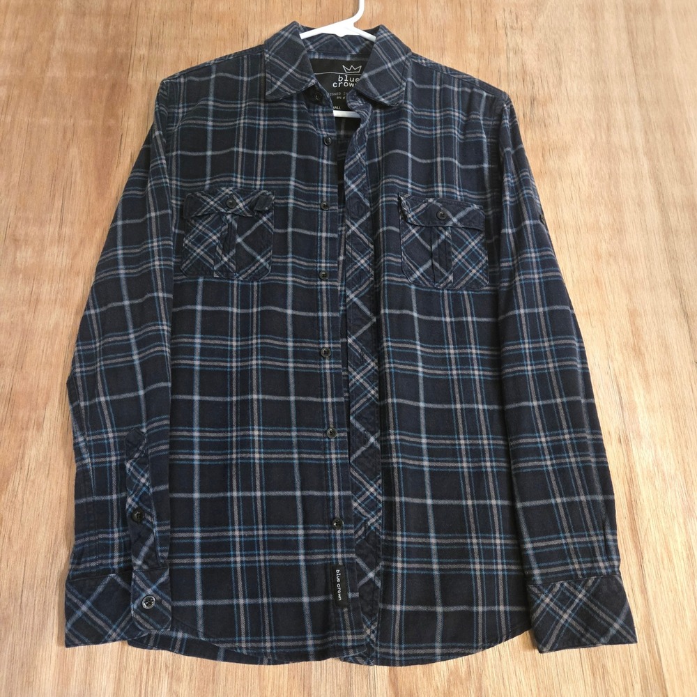 Blue Crown Men's Small Blue Plaid Flannel Shirt 100% Cotton Western Grunge